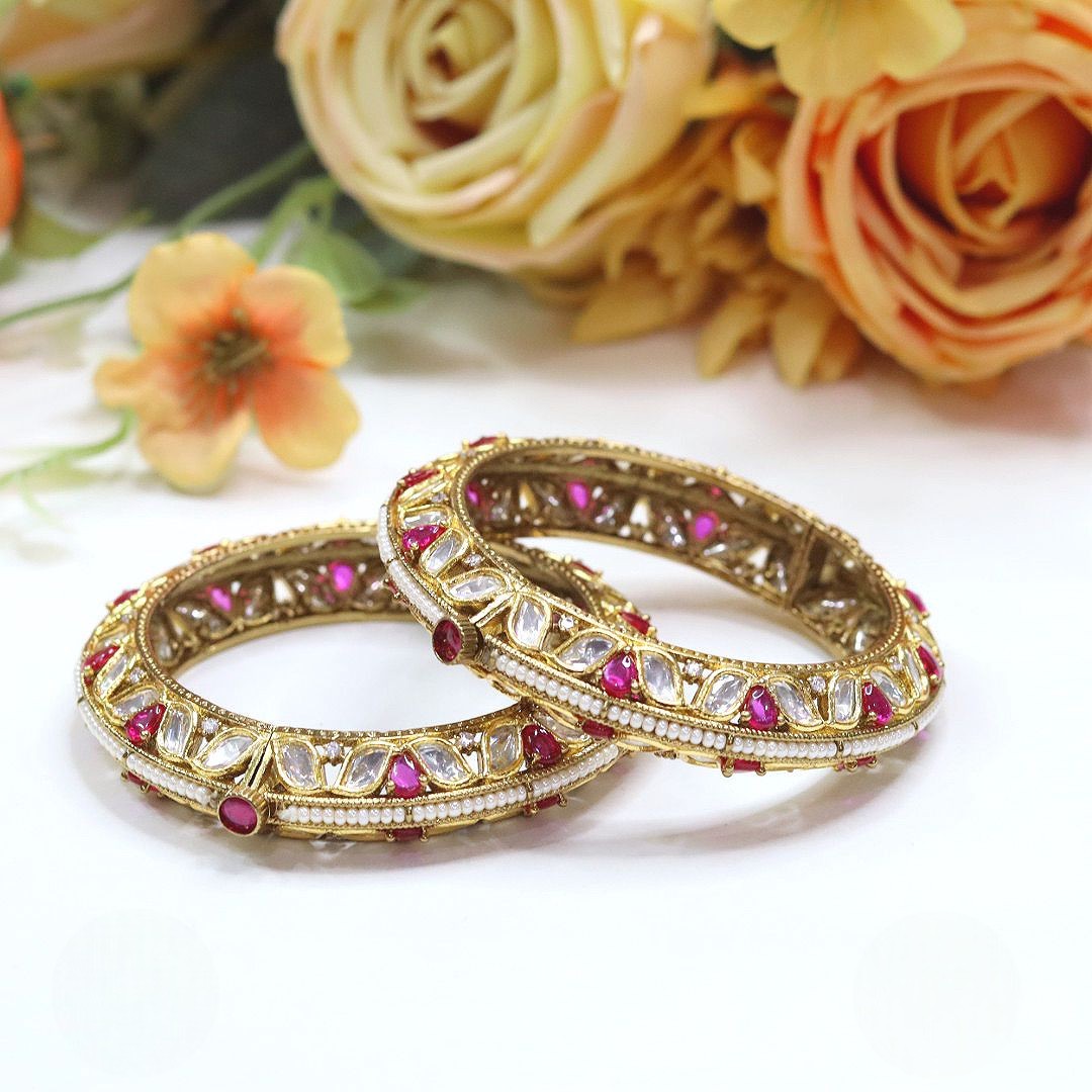 Openable Gold-Tone Kundan Bangles with Red Stone β Bridal & Festive Jewelry Pair - Libasaa.com