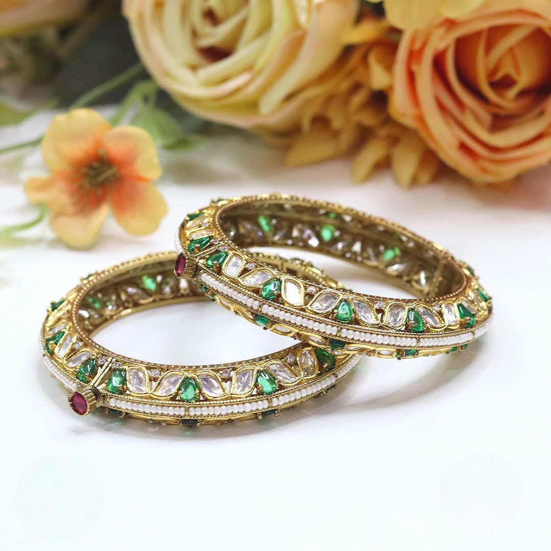 Openable Gold-Tone Kundan Bangles with Red Stone β Bridal & Festive Jewelry Pair - Libasaa.com