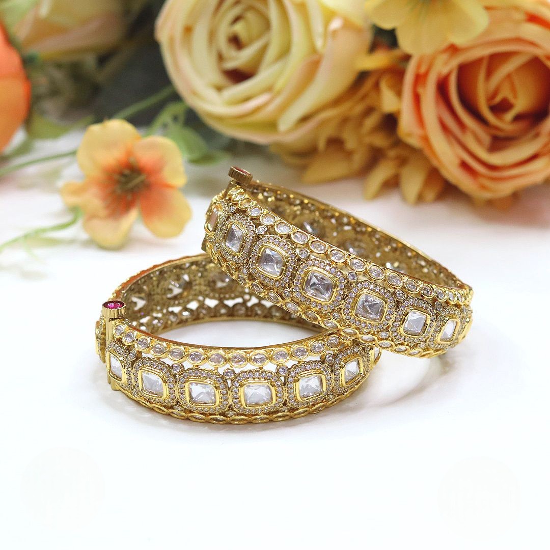 Openable Kundan Gold-Tone Bangles with White Stone Accents – Bridal Jewelry Pair - Libasaa.com