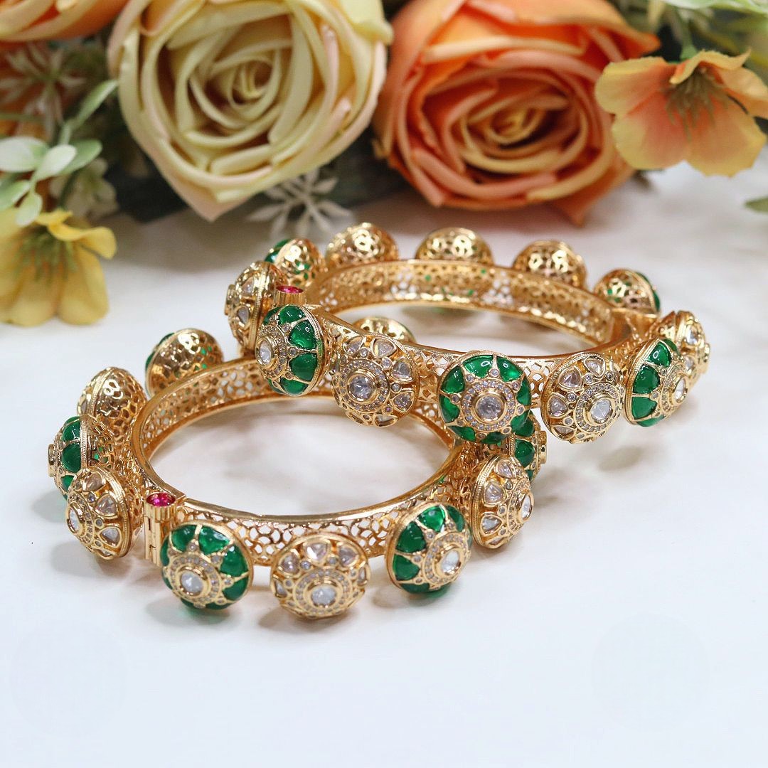 Openable Exquisite Gold-Plated Kundan & Green Meenakari Bangle Set (Pair) - Libasaa.com