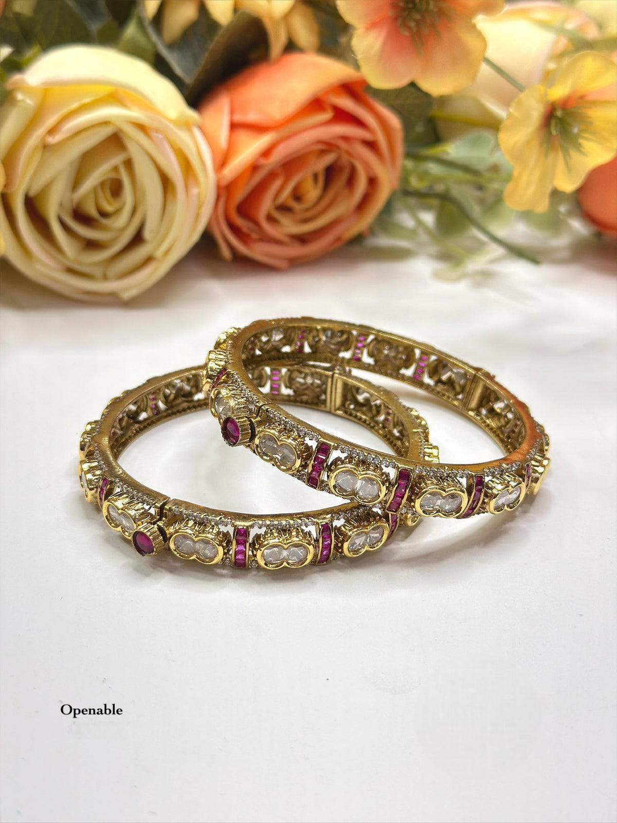 Openable Polki Style Gold-Toned Bangle Kada Set with Ruby and Emerald Accents - Libasaa.com