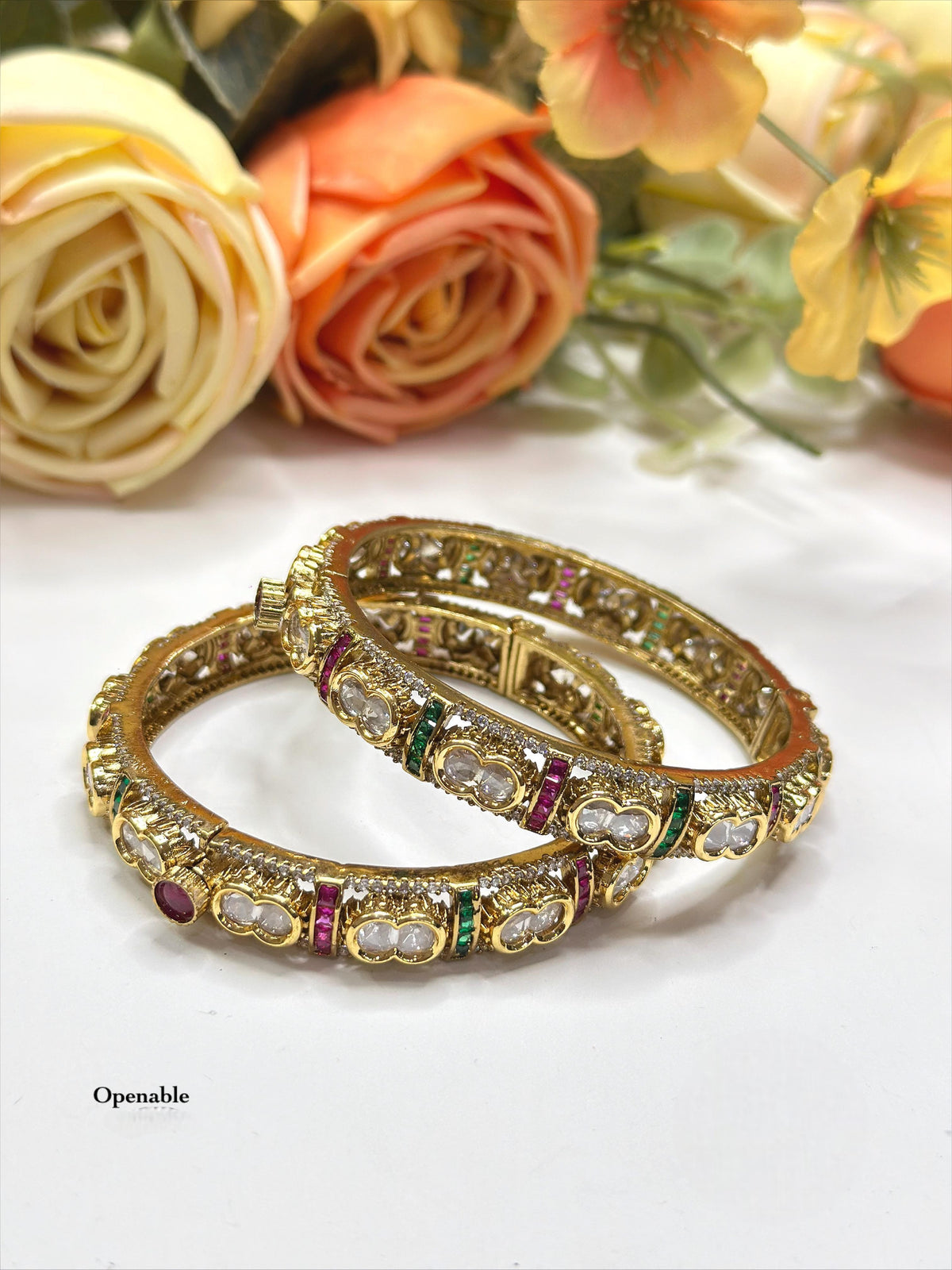 Openable Polki Style Gold-Toned Bangle Kada Set with Ruby and Emerald Accents - Libasaa.com