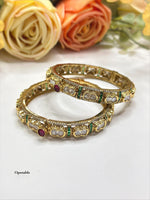 Openable Polki Style Gold-Toned Bangle Kada Set with Ruby and Emerald Accents - Libasaa.com