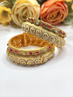Matte Gold-Toned Openable Kada Bangle Set with Faux Pearls and Ruby Accents - Libasaa.com