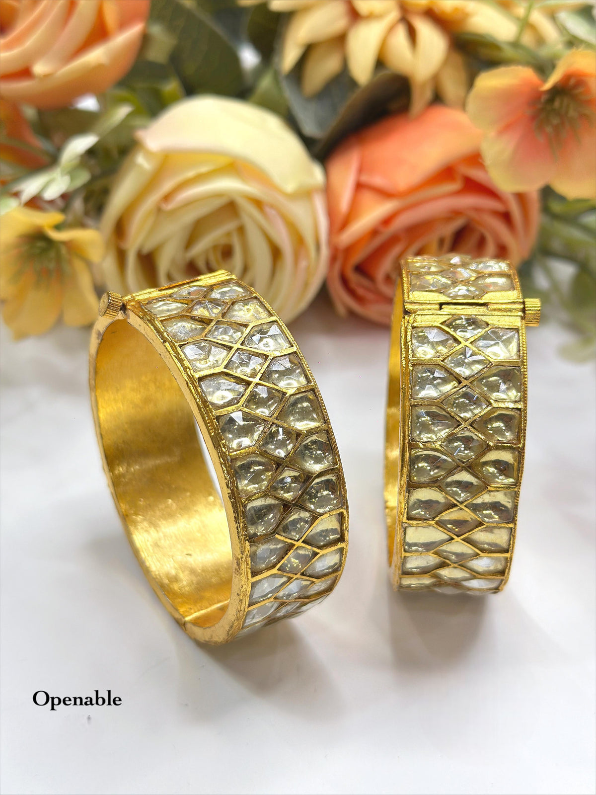 Statement Gold-Toned Openable Polki/Kundan Style Wide Bangle Set - Libasaa.com