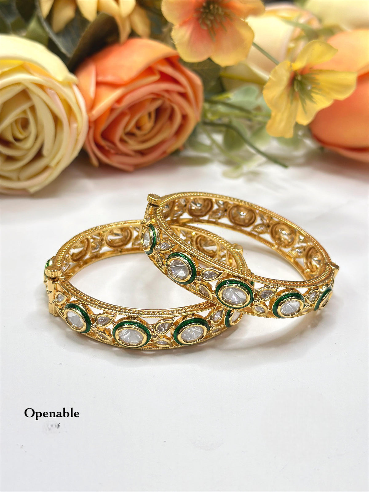 Elegant Openable Polki & Meenakari Bangles (Green & Gold) - Libasaa.com