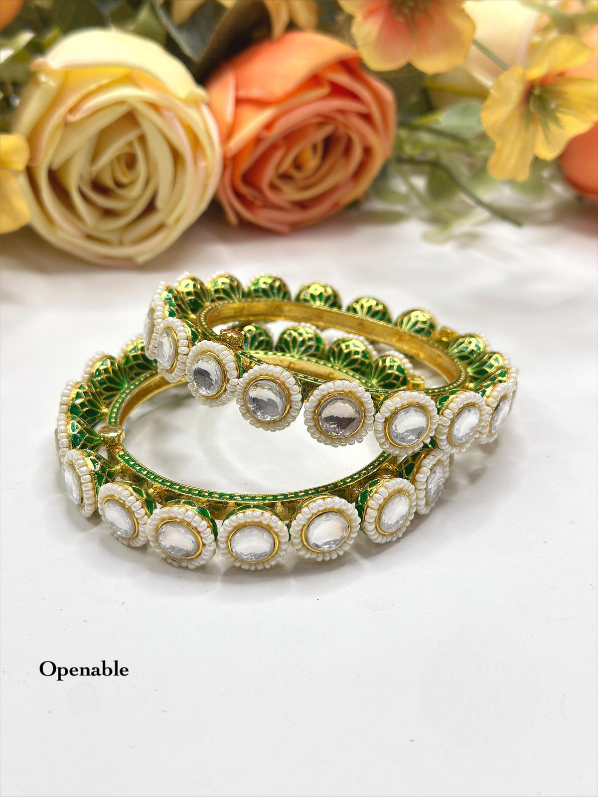 Openable Polki Style Bangle Set with Green Meenakari Enamel and Pearl Accents - Libasaa.com