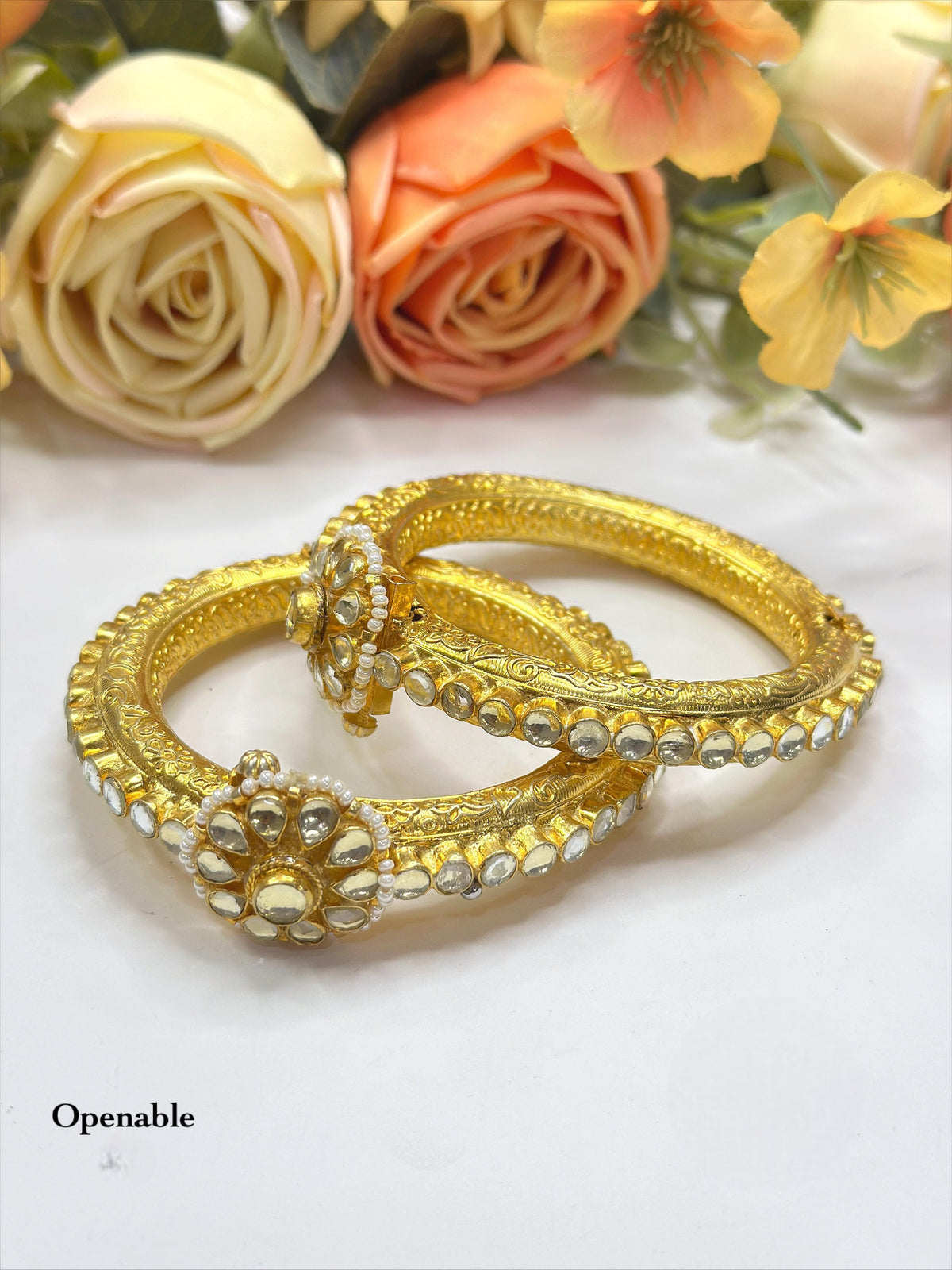 Openable Antique Gold-Toned Bangle Set with Polki Floral Motif and Pearl Accents - Libasaa.com