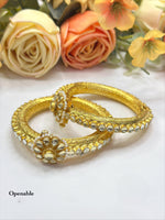 Openable Antique Gold-Toned Bangle Set with Polki Floral Motif and Pearl Accents - Libasaa.com