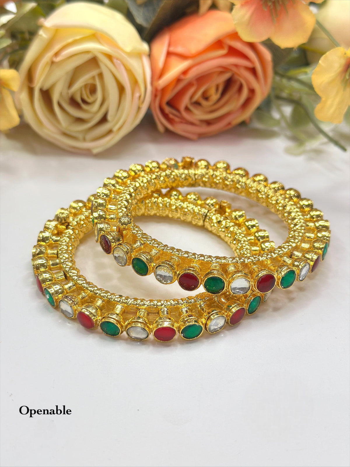 Openable Gold-Toned Textured Bangle Set with Multi-Color Polki Style Stones - Libasaa.com