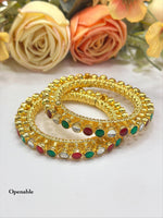 Openable Gold-Toned Textured Bangle Set with Multi-Color Polki Style Stones - Libasaa.com