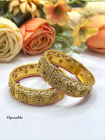 Openable Antique Gold-Toned Polki Bangle Kada Set with Ruby Floral Motifs - Libasaa.com