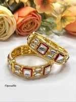 Openable Gold-Toned Polki Style Bangle Set with Red Meenakari Enamel & Pearl Detailing - Libasaa.com