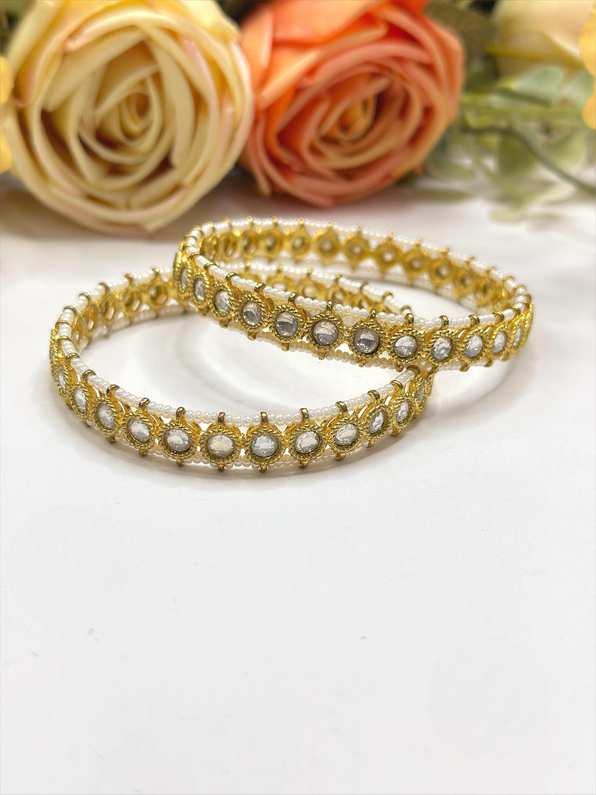 Openable Gold-Toned Polki Style Bangle Set with Faux Pearl Edging - Libasaa.com