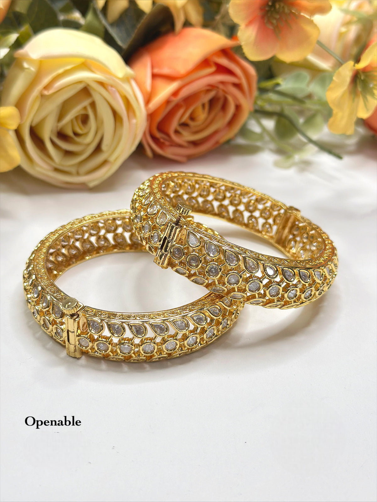Dazzling Full-Stone Polki Openable Bangles (Gold Tone) - Libasaa.com