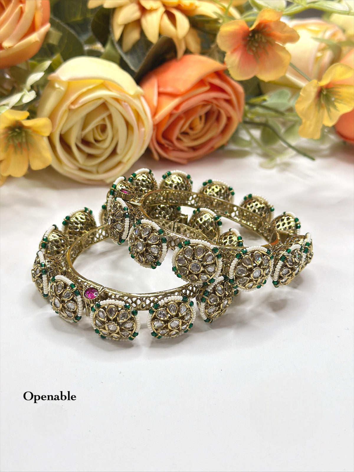 Antique Gold-Toned Cluster Openable Bangle Set with Polki, Ruby, Emerald, and Pearls - Libasaa.com