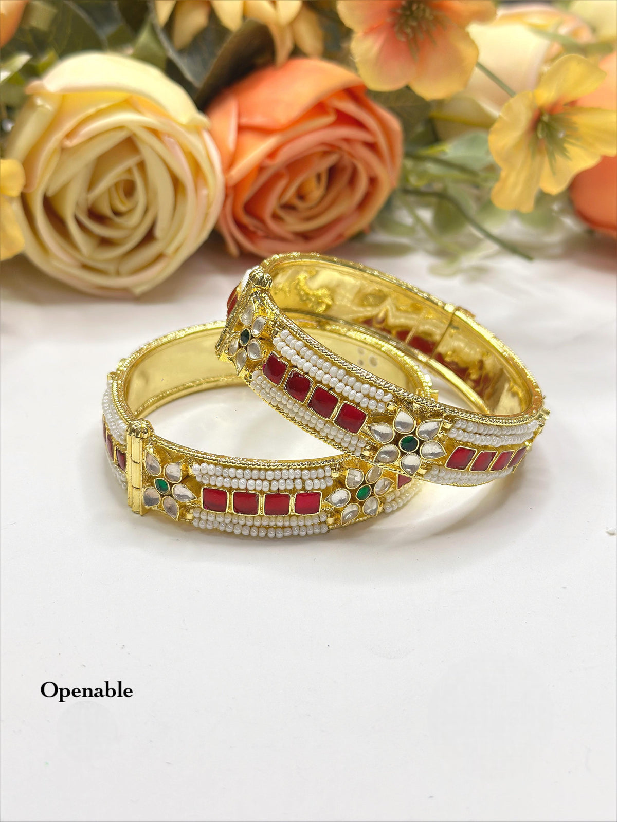 Openable Gold-Toned Kada Bangle Set with Red Stone, Pearl, and Polki Accents - Libasaa.com