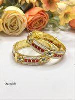 Openable Gold-Toned Kada Bangle Set with Red Stone, Pearl, and Polki Accents - Libasaa.com