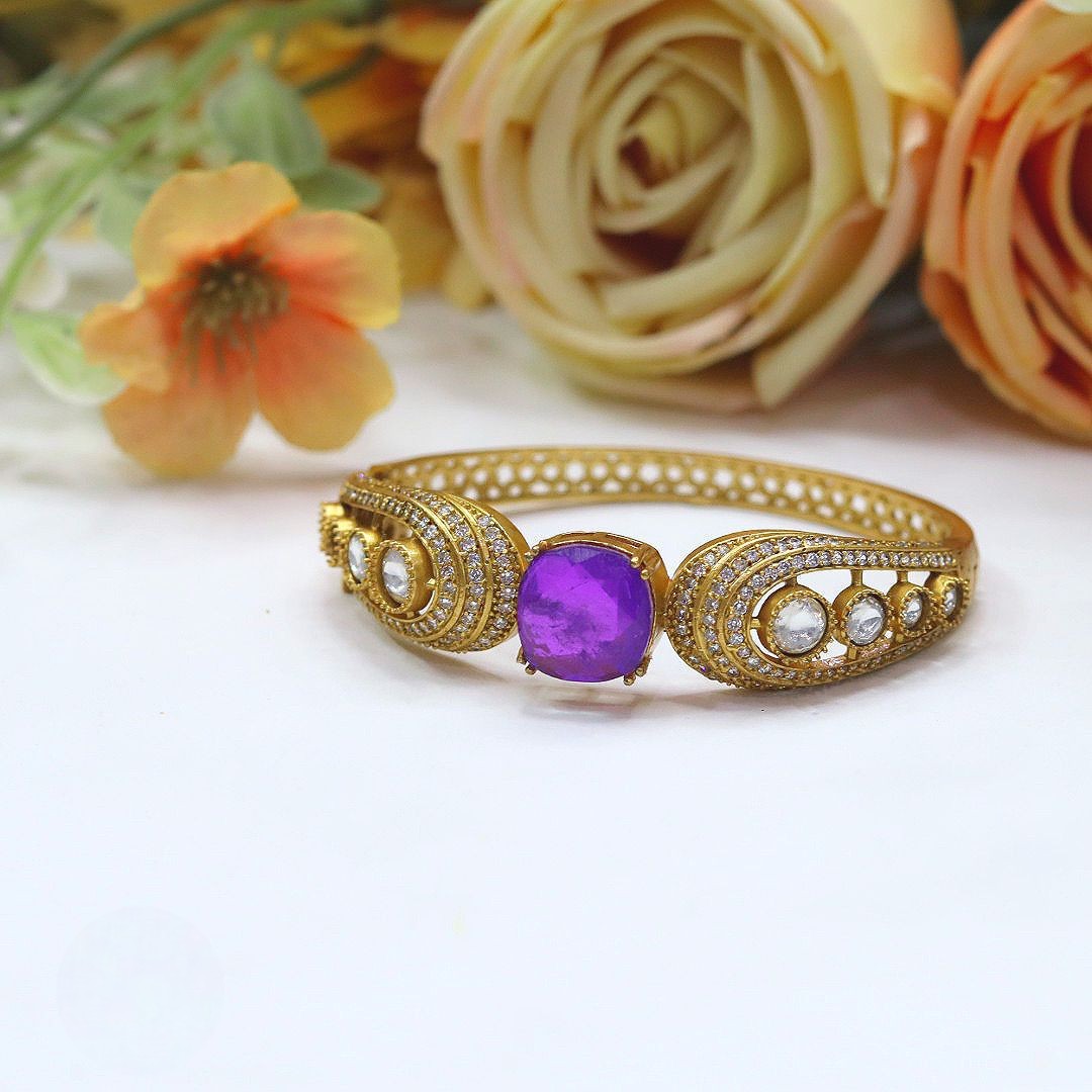 Royal Gold-Plated Openable Kada with Purple Stone and CZ Accents - Libasaa.com