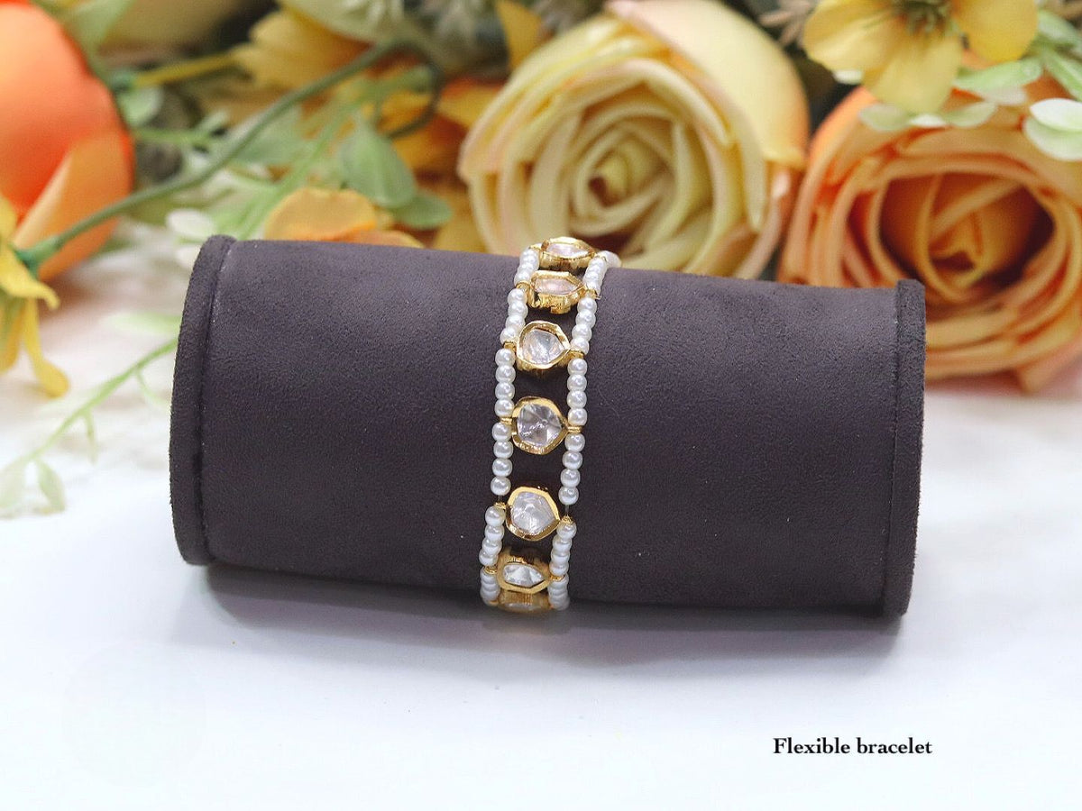 Elegant Kundan & Beaded Flexible Bracelet - Libasaa.com