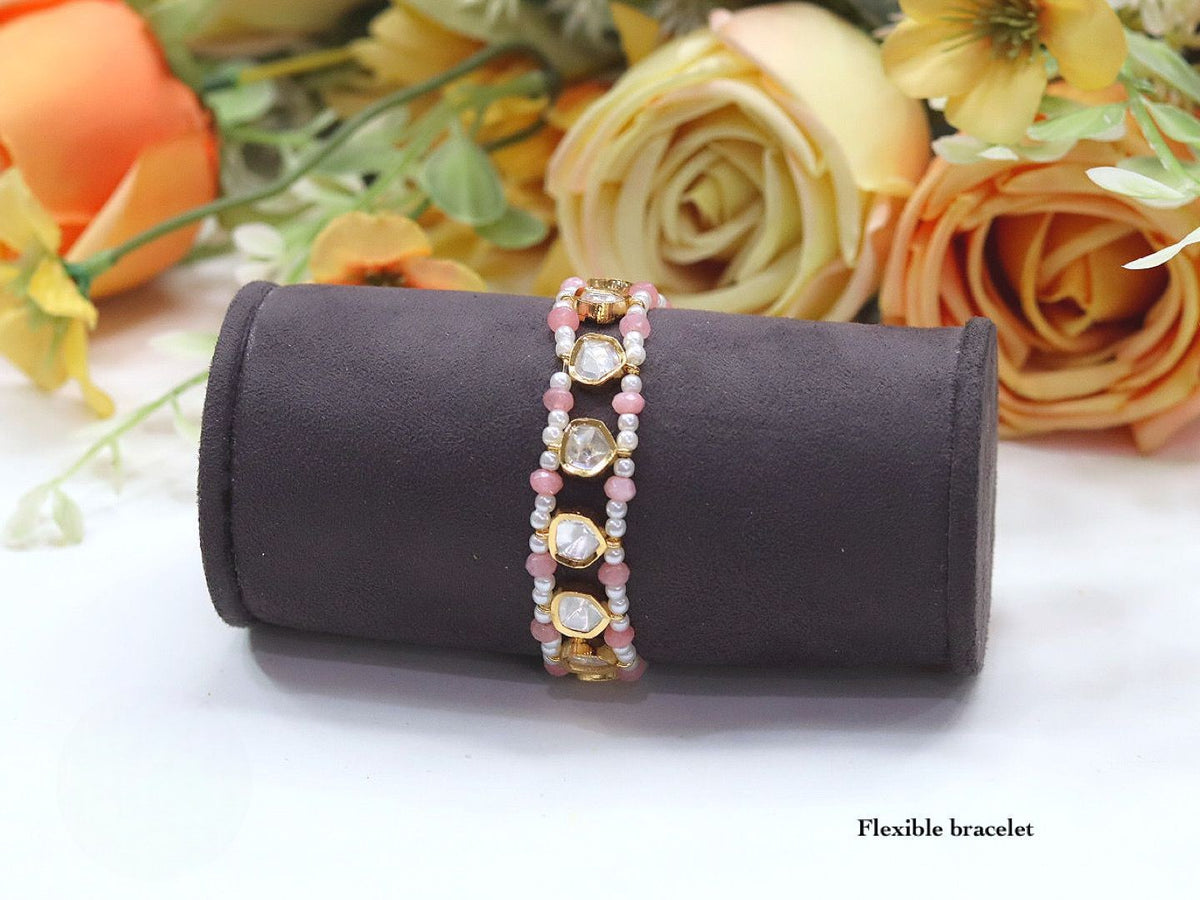 Elegant Kundan & Beaded Flexible Bracelet - Libasaa.com