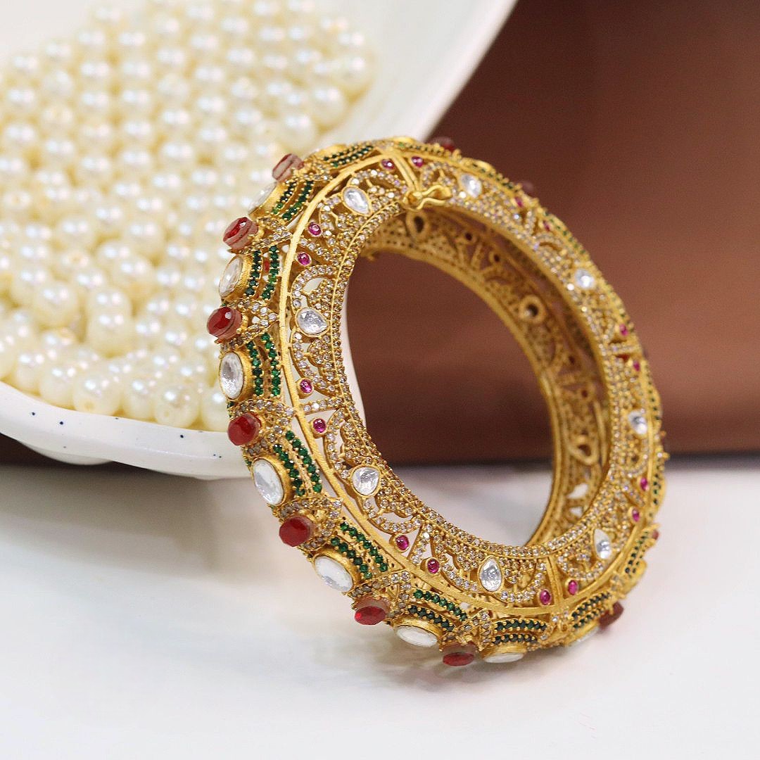 Regal Heritage Kundan Polki Openable Kada – Ruby & Emerald Detailing - Libasaa.com