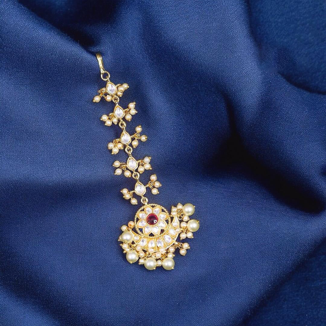 Flower Inspired Red Golden Maangtikka For Women - Libasaa.com