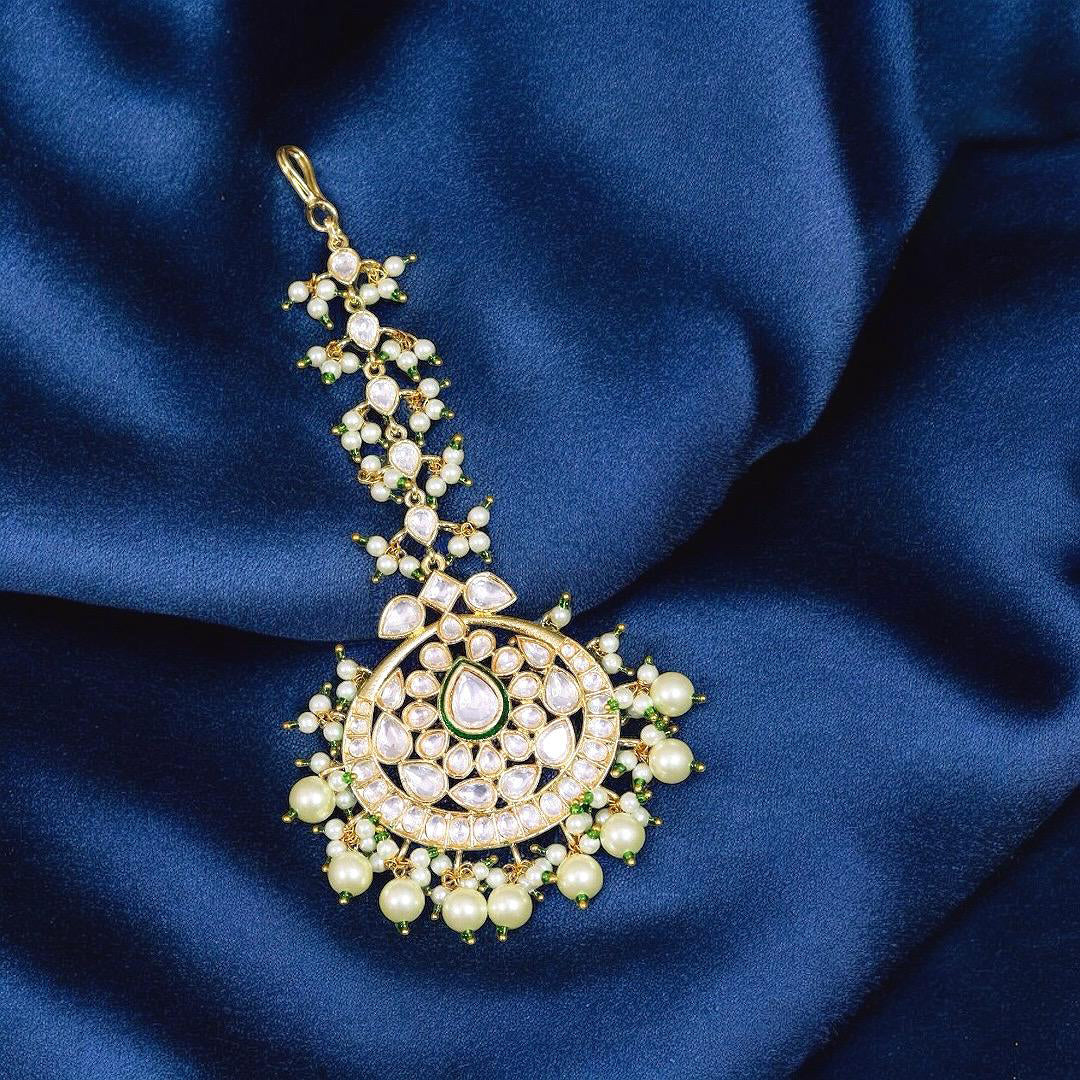 Punjabi Teardrop Stone Work Green Maangtikka For Women - Libasaa.com