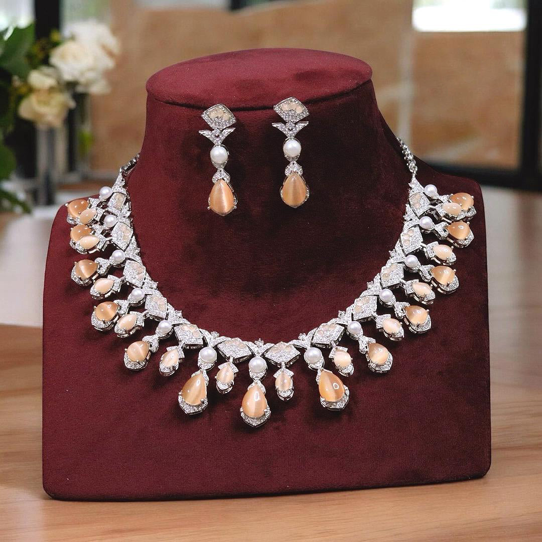Exquisite Silver Plated Teardrop Indian Wedding Necklace Earrings Set For Women - Libasaa.com