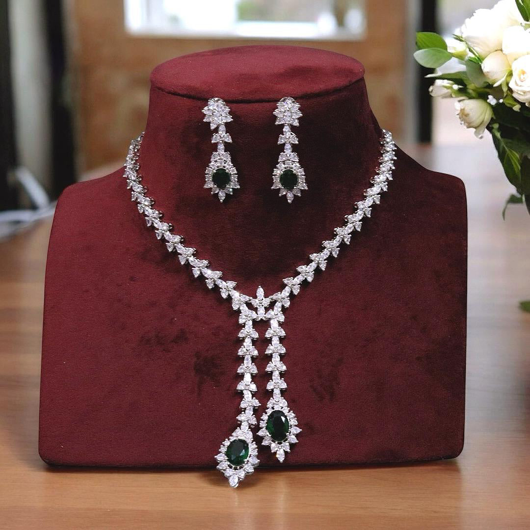 Indian Silver Plated Statement Necklace Matching Earrings For Bridal - Libasaa.com