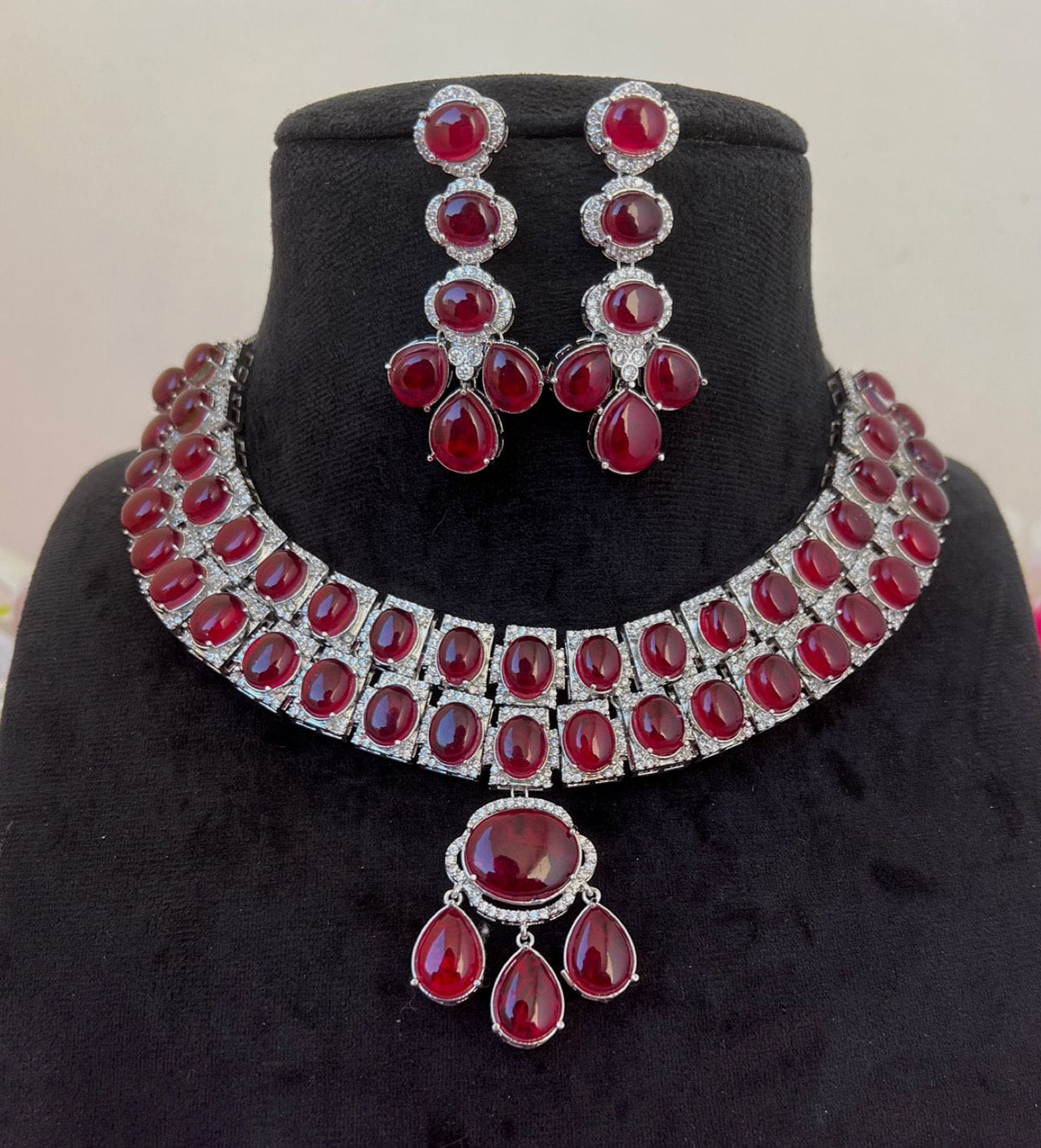 Double Layered Jaipuri Polki Kundan Work Bridal Choker Earrings Set For Wedding - Libasaa.com