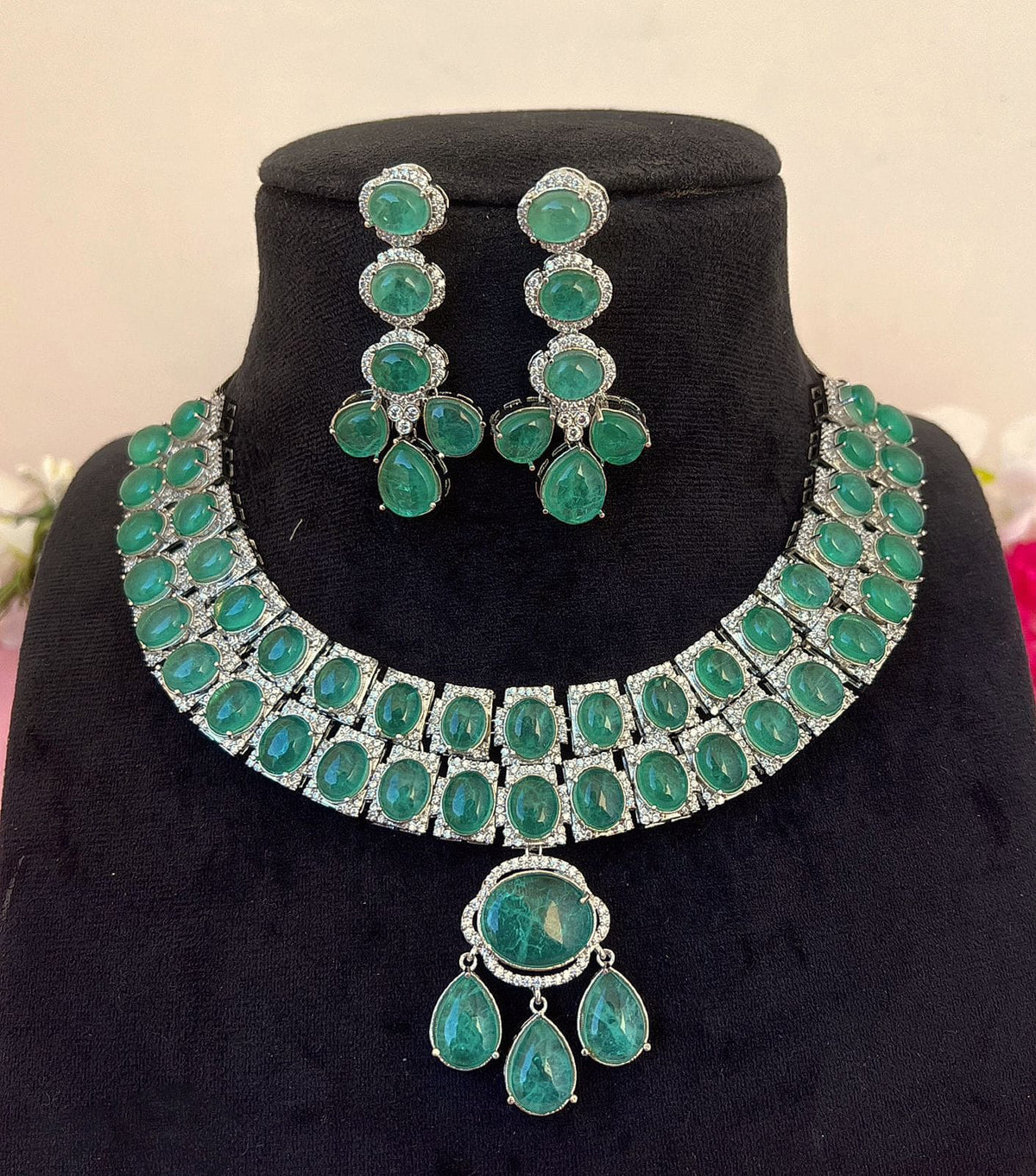 Double Layered Jaipuri Polki Kundan Work Bridal Choker Earrings Set For Wedding - Libasaa.com