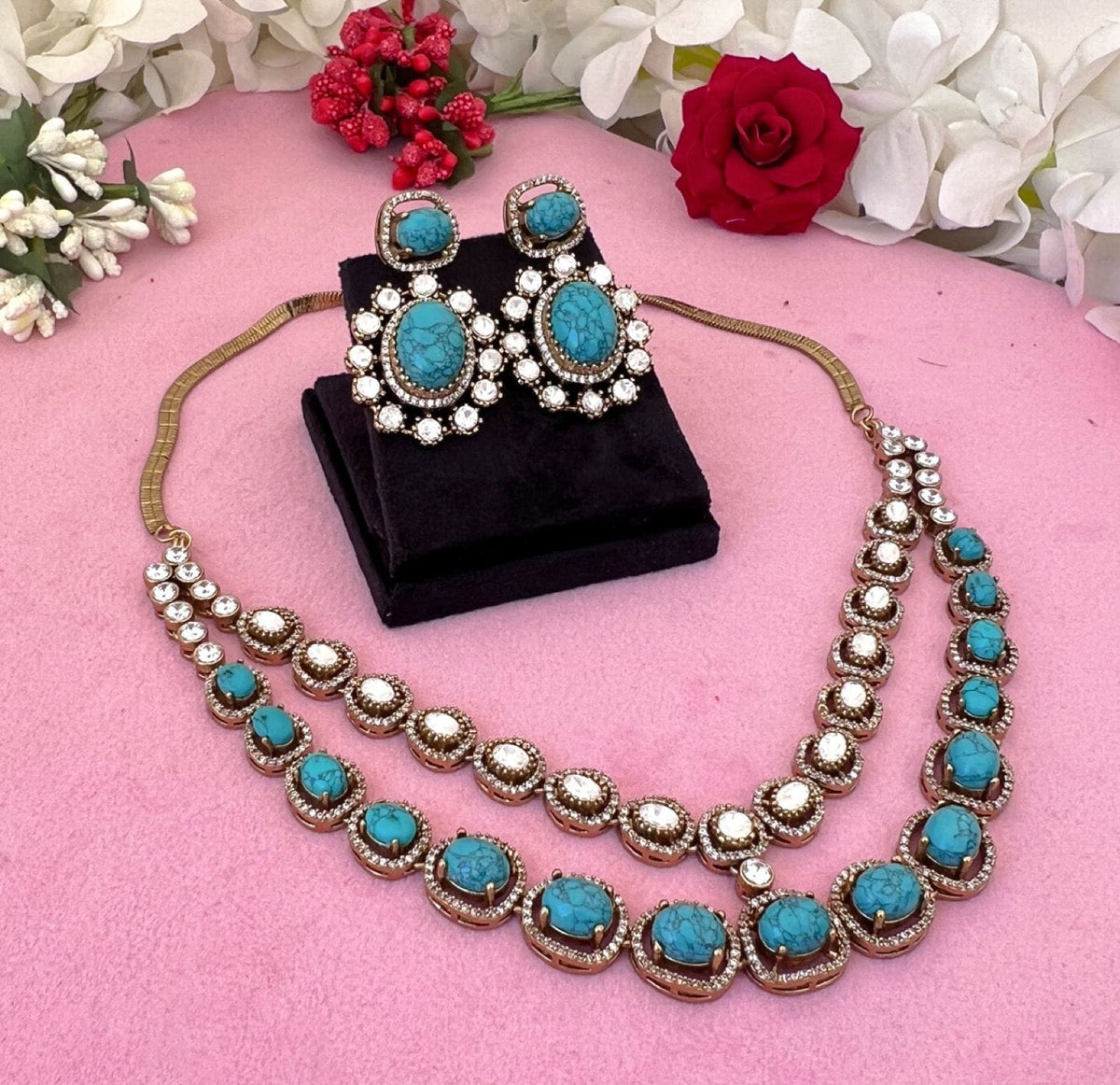 Pakistani Royal Layered Polki Work Necklace Earrings For Wedding - Libasaa.com