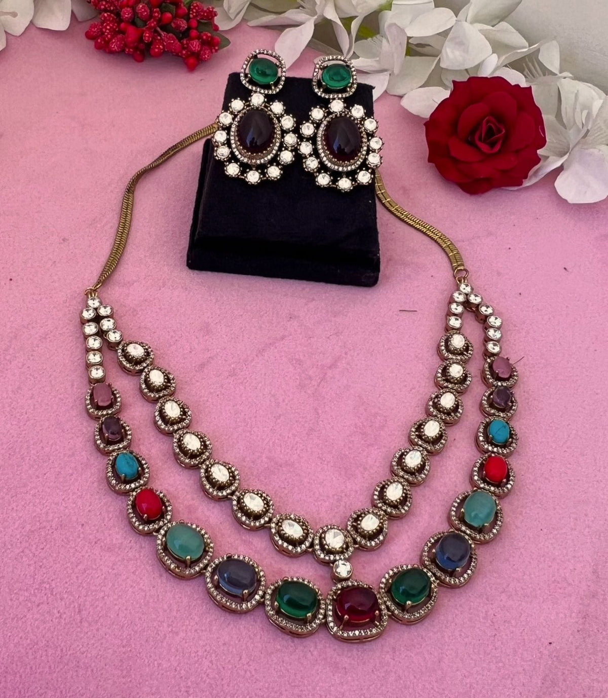 Pakistani Royal Layered Polki Work Necklace Earrings For Wedding - Libasaa.com