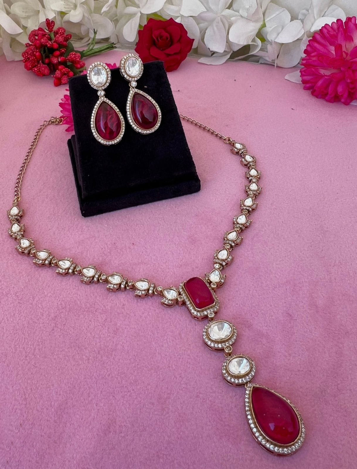 Bollywood Inspired Teardrop Polki Statement Necklace Set For Women - Libasaa.com