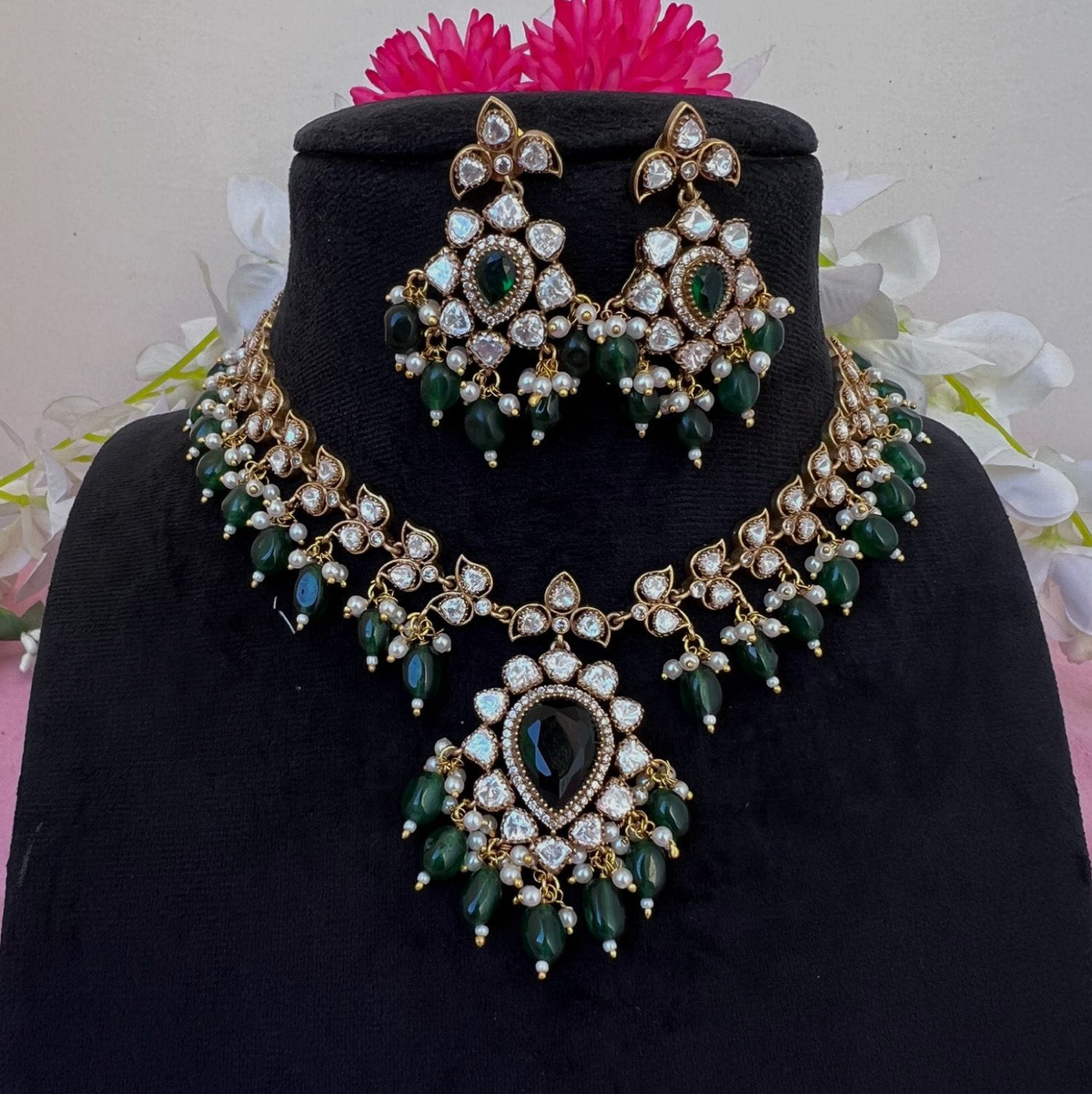 Pakistani Flower Design Polki Necklace Earrings Set For Women - Libasaa.com