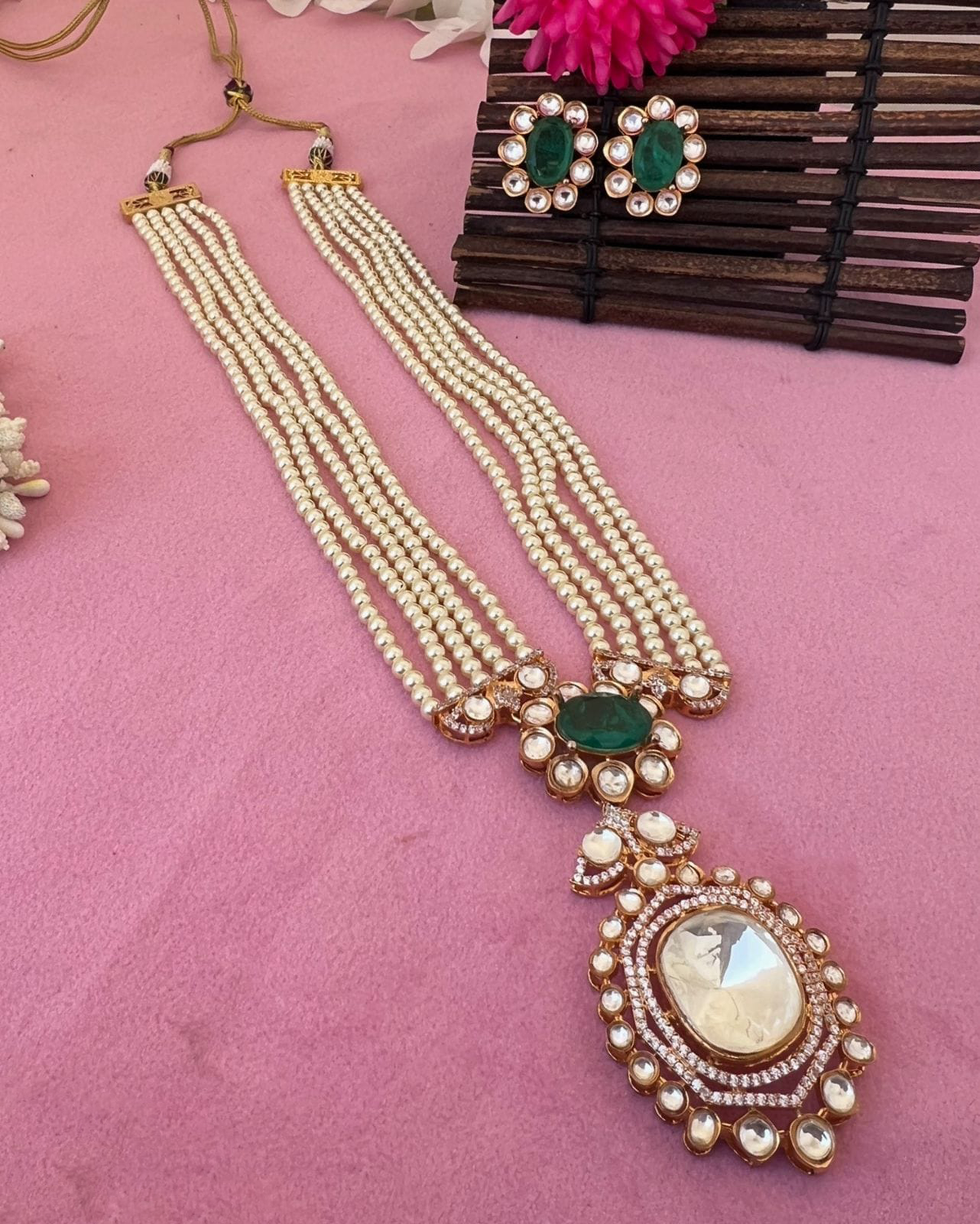 Jaipuri Multi Layer Polki Stone Work Ethnic Necklace Earrings Set - Libasaa.com