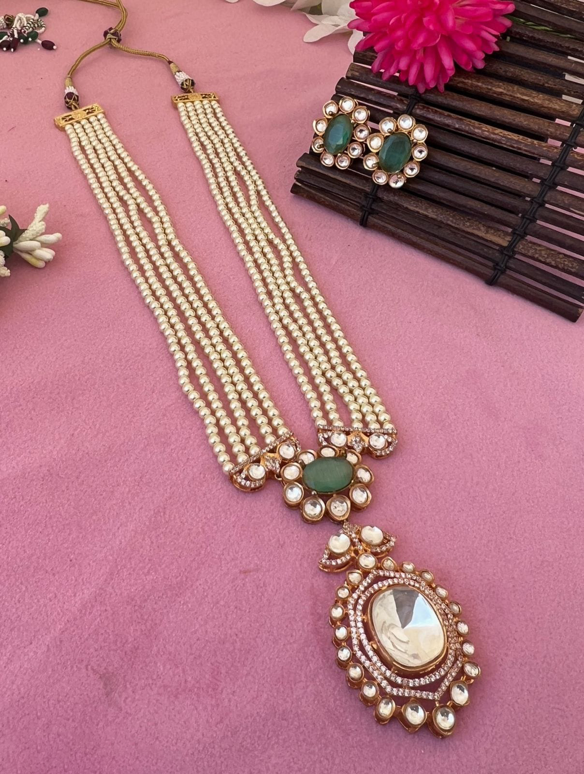 Jaipuri Multi Layer Polki Stone Work Ethnic Necklace Earrings Set - Libasaa.com