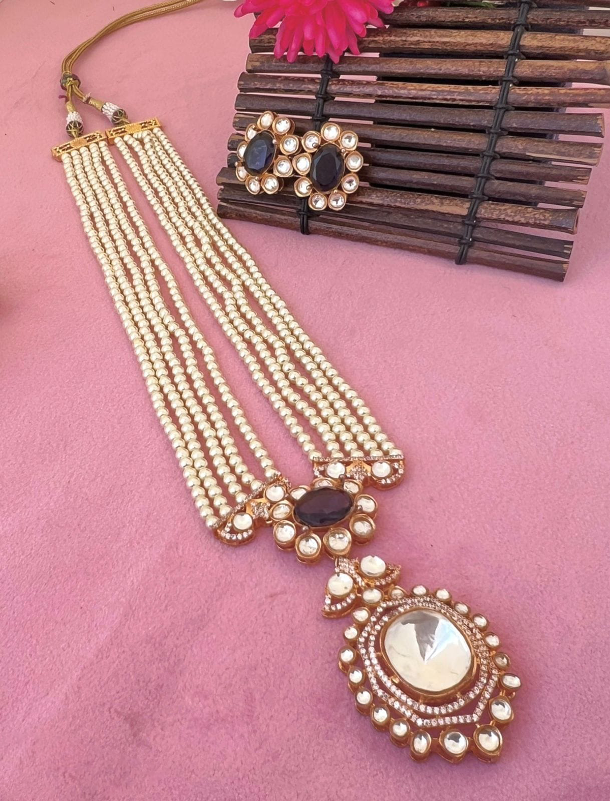 Jaipuri Multi Layer Polki Stone Work Ethnic Necklace Earrings Set - Libasaa.com