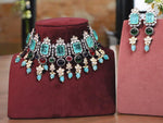 Square Polki Stone Floral Design Necklace Earrings Set For Women - Libasaa.com