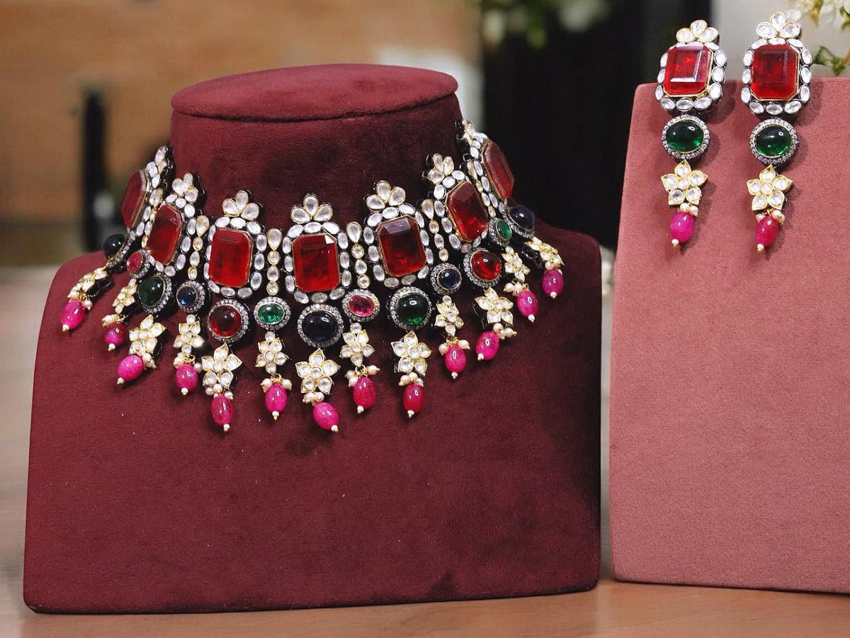 Square Polki Stone Floral Design Necklace Earrings Set For Women - Libasaa.com