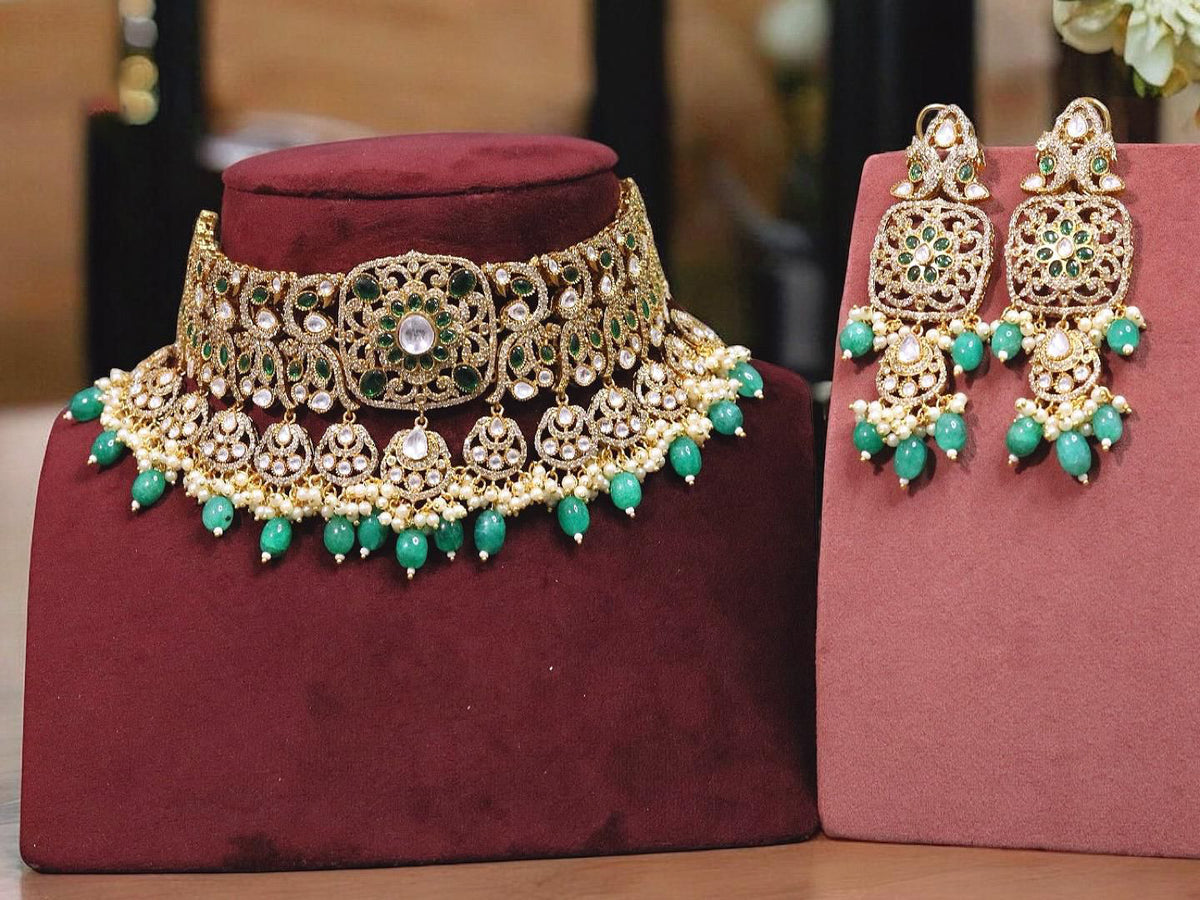 Meenakari Gold Tone Indian Polki Choker Earrings Set For Women - Libasaa.com
