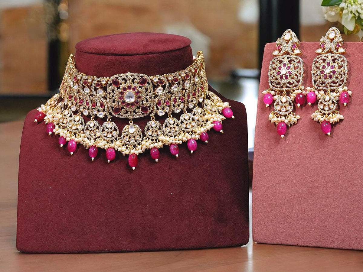 Meenakari Gold Tone Indian Polki Choker Earrings Set For Women - Libasaa.com