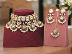 Teardrop Flower Design Kundan Choker Earrings Maangtikka Set For Wedding - Libasaa.com