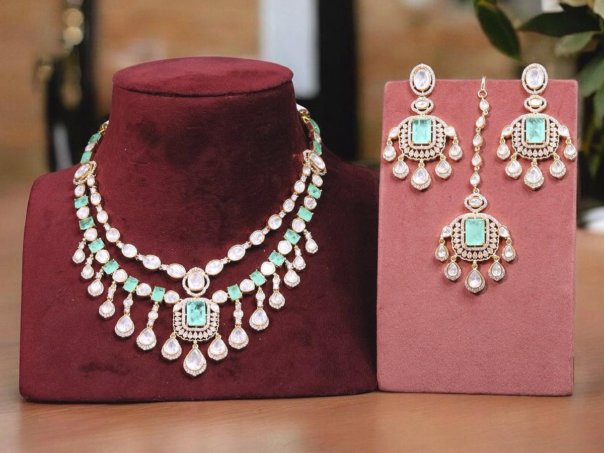 Double Layered Jaipuri Kundan Necklace Earrings Maangtikka Set For Wedding - Libasaa.com