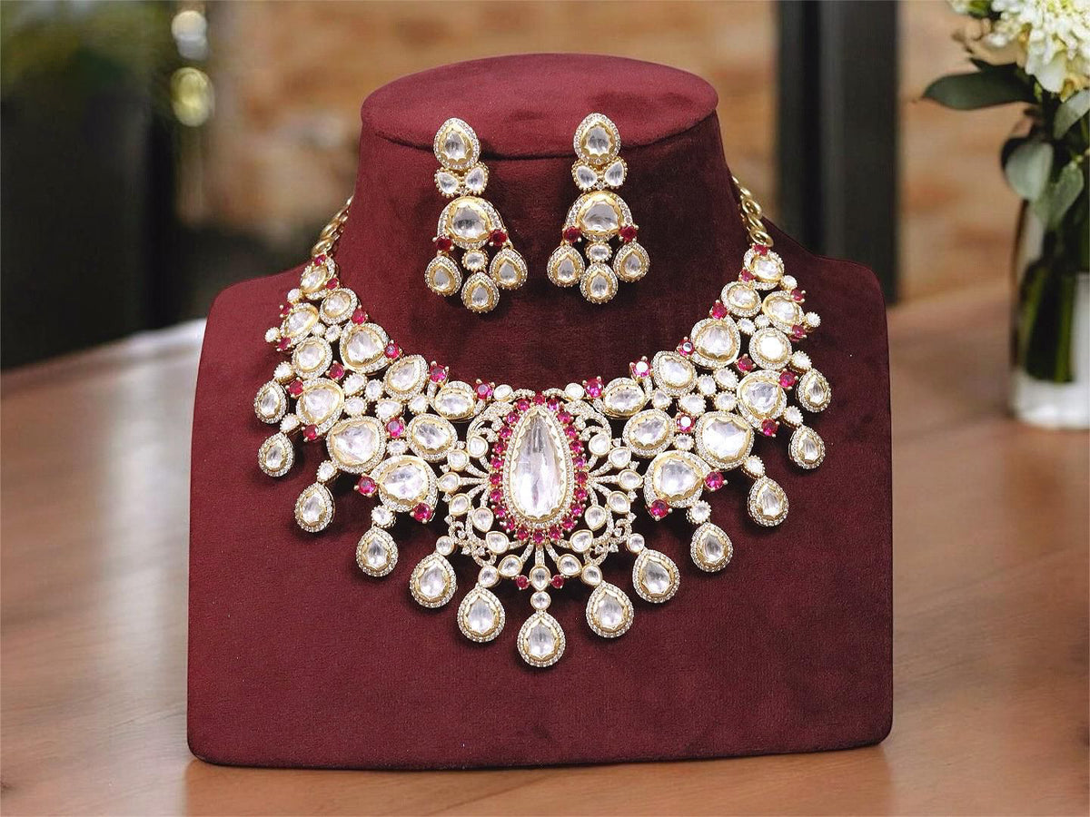 Rajsthani Gold Plated Polki Kundan Choker Earrings Set Women - Libasaa.com