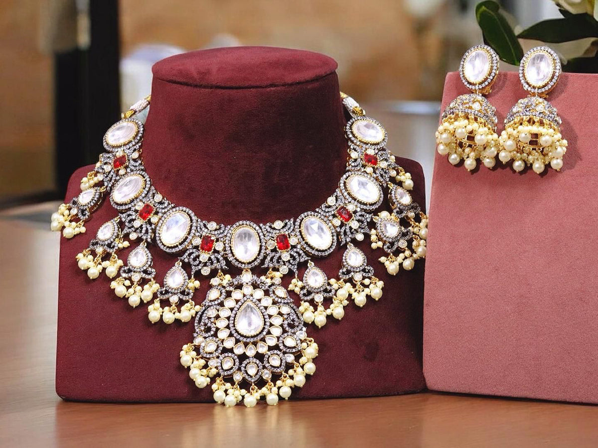 Floral Punjabi Polki Choker Jhumki Jewelry Set For Wedding - Libasaa.com