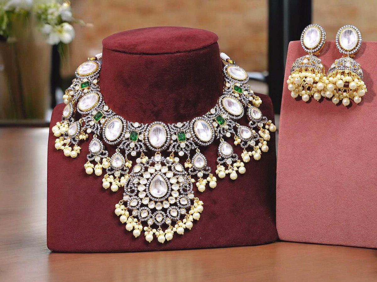 Floral Punjabi Polki Choker Jhumki Jewelry Set For Wedding - Libasaa.com