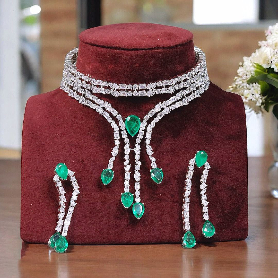 Silver Tone CZ Stone Work Bridal Necklace Set For Women - Libasaa.com