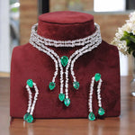 Silver Tone CZ Stone Work Bridal Necklace Set For Women - Libasaa.com